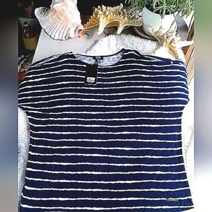 Jones of New York. Navy & White Striped Large Short Sleeve Blouse